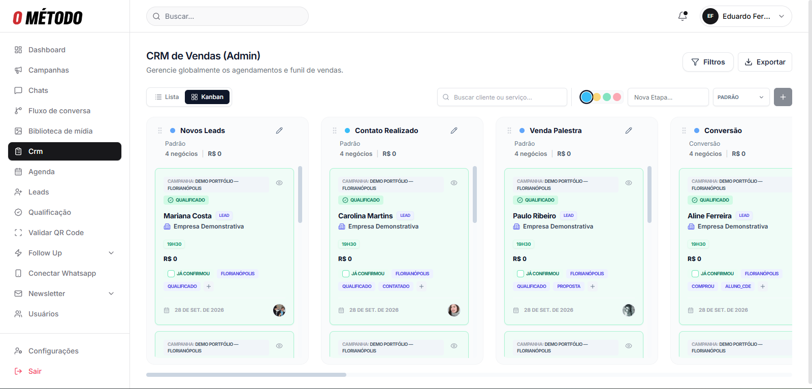 Captura real do CRM IDE Brasil SC com leads fictícios e fotos